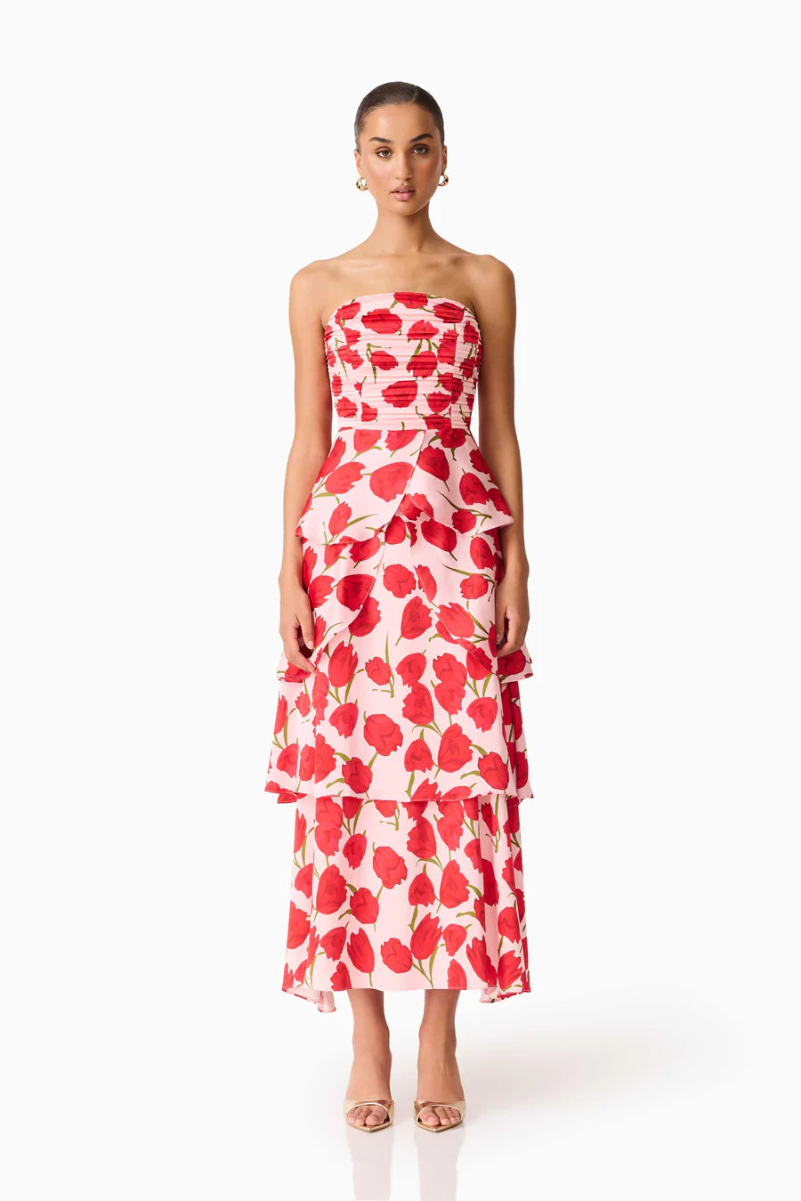 strapless floral gown
