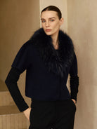 Pissenlit Short Sleeve Jacket With Fur Collar In Navy Glasscock Boutique