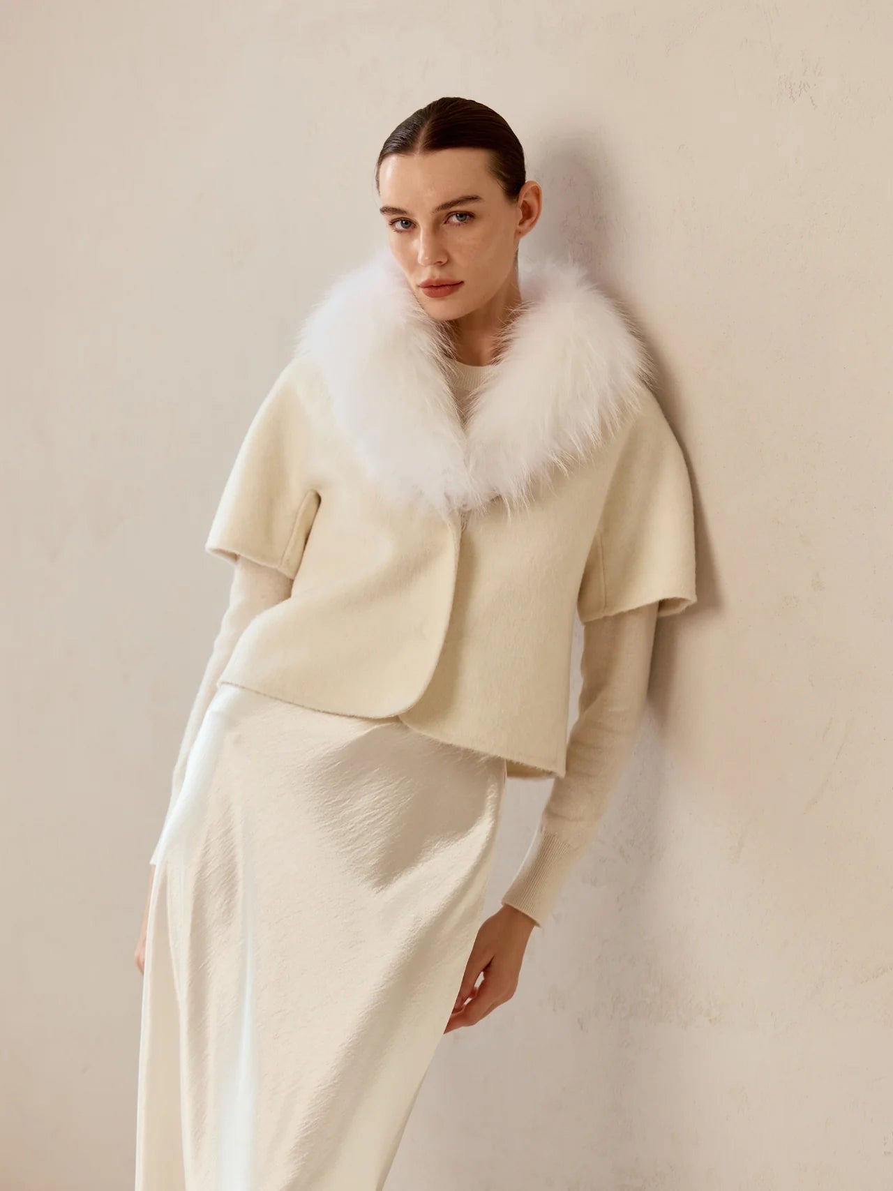 Pissenlit Short Sleeve Jacket With Fur Collar In Ivory Glasscock Boutique