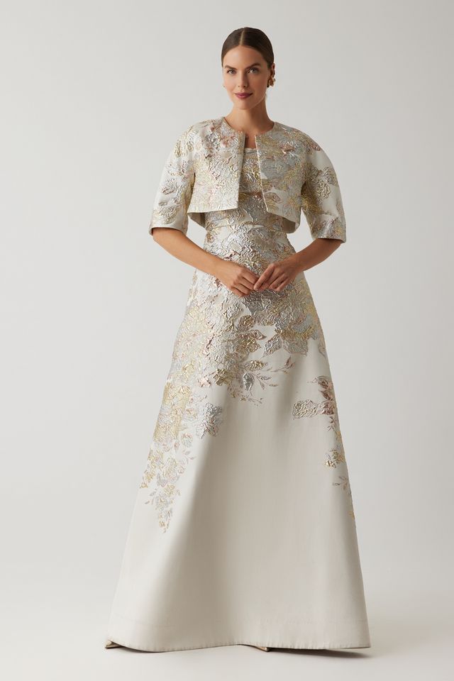 Teri Jon Metallic Jacquard A-Line Skirt Gown Glasscock Boutique