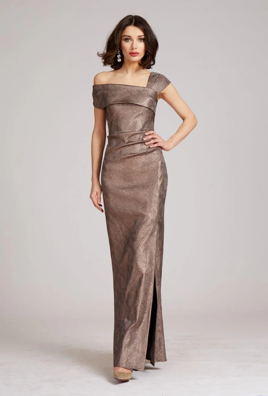 teri jon metallic jacquard dress teri jon metallic dress Metallic Jacquard Portrait Collar Side Drape Gown