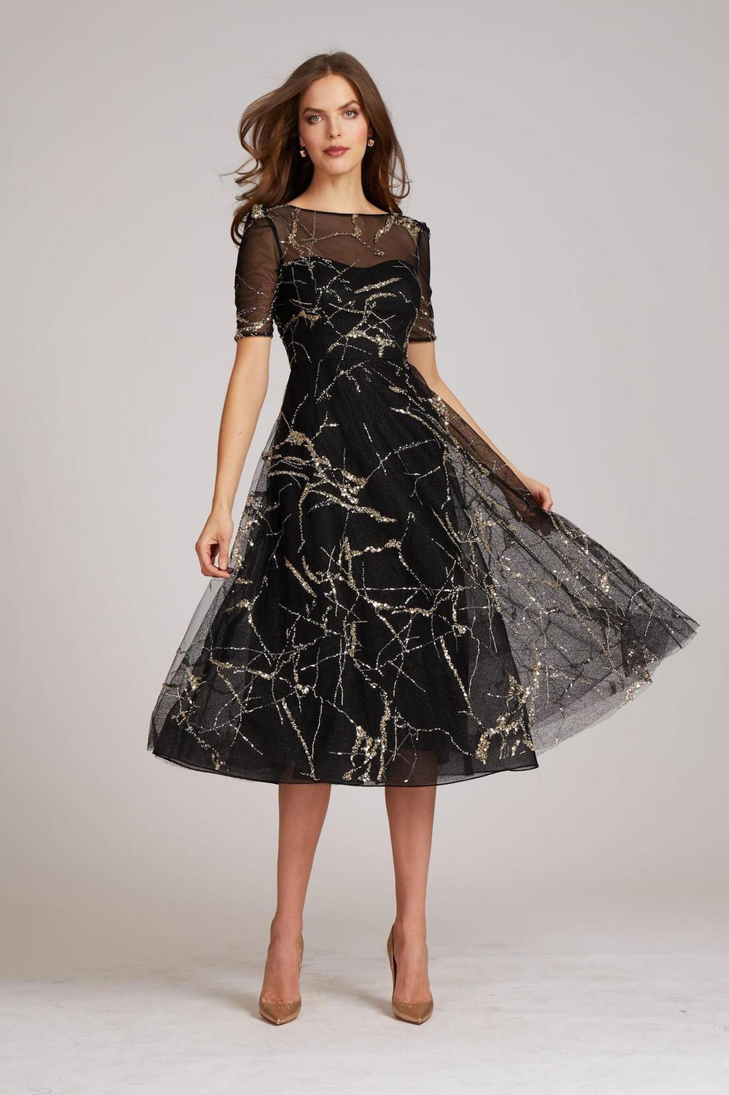 WEB SEQUIN TULLE FIT AND FLARE TEA LENGTH DRESS