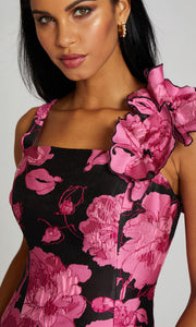 Teri Jon 226206 Jacquard Dress with Shoulder Floral Detail