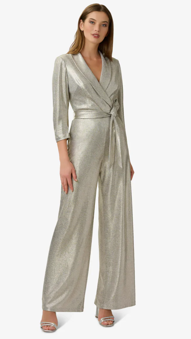 Adriene Papell - FOILED STRETCH JERSEY TUXEDO JUMPSUIT IN LIGHT GOLD