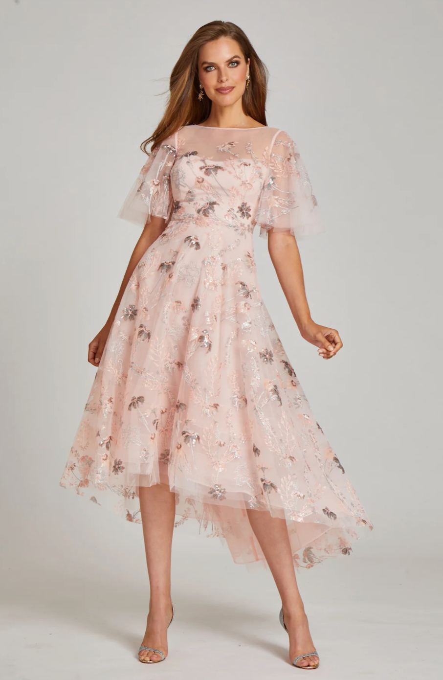 Teri Jon - Embroidered Tulle High Low Flutter Sleeve Dress