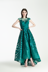 Scuba Mesh High Low Hem Dress with Mikado Floral Embroidery - Juniper